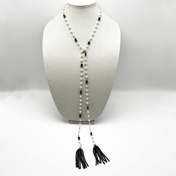 Hand Wrapped Freshwater Pearl & Blue Austrian Crystal Tassel Lariat Necklace 52” - Picture 1 of 6